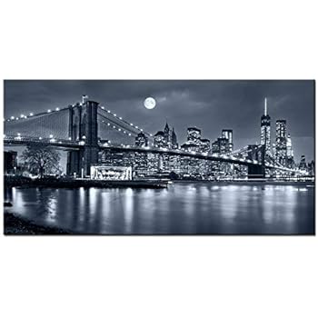 LevvArts - Large Size Brooklyn Bridge Canvas Wall Art,Moon Night New York City Scene Picture Print on Canvas,Framed Gallery Wrapped,Modern Home and Office Decoration,-24