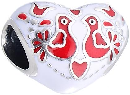 HandmadeFrozen Love birds Charm, Red & White Enamel Heart Sterling Silver Charm Bead S925, Love Heart Enamel charm, Folk Art inspired Love Charm Pendant, Folklore Jewelry, fits Pandora