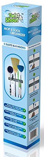 Twist and Shout Broom and Mop Holder and Tools Organizer with 5 Slots and 6 Hooks - Superior Dual Track White Rubber for Better Grips