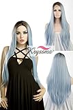 K'ryssma Ombre Blue Dark Roots Synthetic Hair Lace Front Wig For Party Long Naural Wavy Side Part Heat Resistant Glueless Replacement Full Wigs For Women 24 Inches