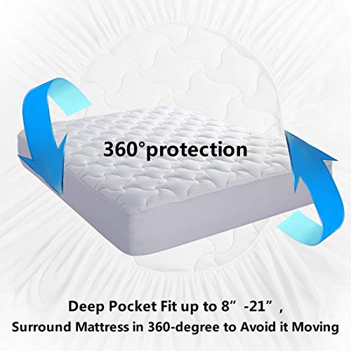 Abakan Mattress Pad Cover Queen Size Cooling Quilted Mattress Topper 300TC 100% Cotton Thick White Bed Topper Down Alternative Fill (8-21" Fitted Deep Pocket)
