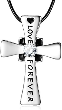 Sterling Silver Cubic Zirconia "Love Forever" Women Cross Pendant Necklace with Black Leather Rope