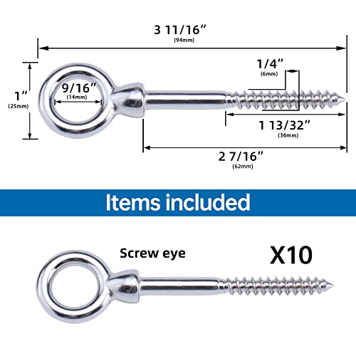 Muzata 10Pack 3.6Inch M6 Screw Eye Hook Wood Screws Metal Hook T316