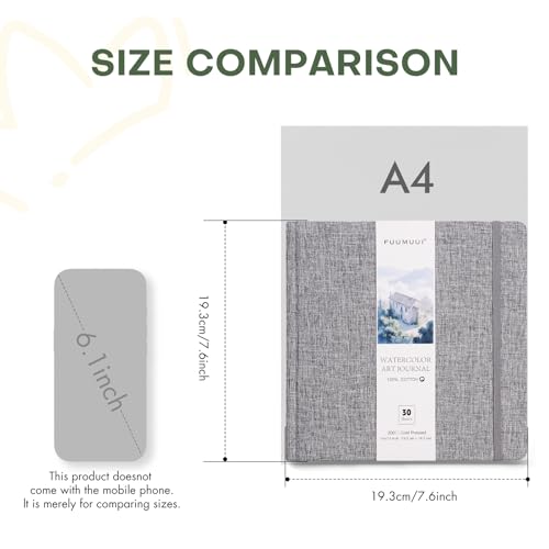 Fuumuui 30 Sheets Watercolour Journal 7.6 x 7.6 in/19.3 x 19.3cm, 100% Cotton Watercolour Paper 140LB/300GSM, Cold Pressed Travel Watercolor Sketchbook for Art Painting, Drawing, Mixed Media
