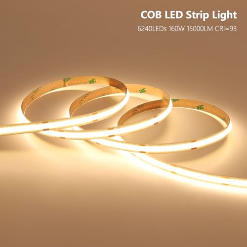 BENLUN 24V COB LED Strip 20M (10M x 2), 3000K Warm White 312LEDs/M CRI 93, Flexible Self-adhesive LED Strip with Power Supply, LED Strips for Bedroom, Home Decoration