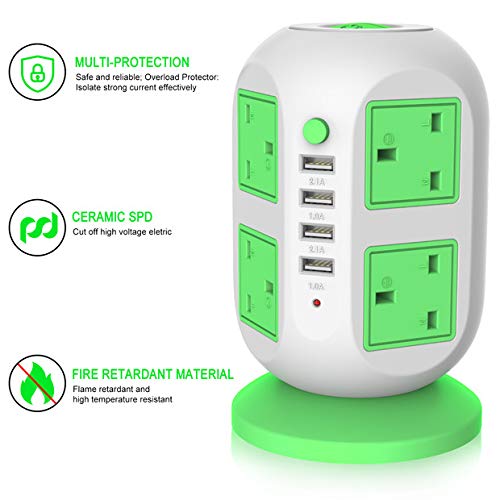 USB Power Strip LECTCAFE Surge Protector Tower Power Socket Outlets, Vertical Multi-Socket with 8 Outlets and 4 USB Ports Universal Charging Station for Home and Office（Green)