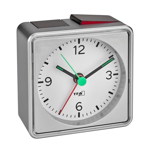 TFA Dostmann Wecker analog mit Licht Push, 60.1013.54, lauter Alarm, geraeuschloses Quarz-Uhrwerk, mit Hintergrundbeleuchtung, leuchtende Zeiger, Schlummerfunktion, Reisewecker, Silber