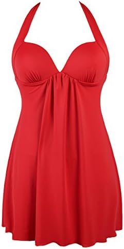 Shenices Retro Elegant Halter One Piece Skirtini Cover Up Swimdress Red US10
