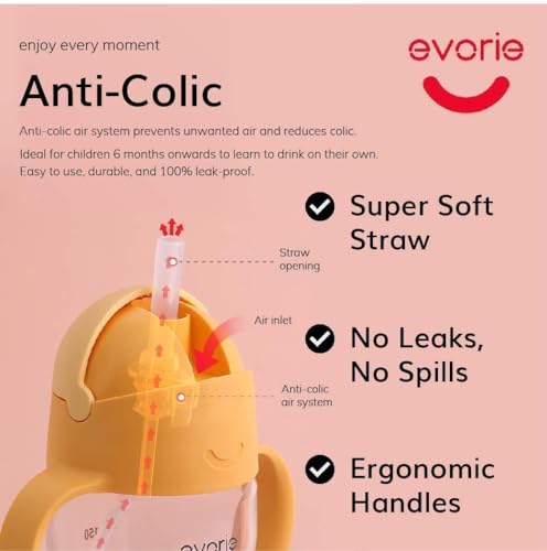 Evorie Tritan Weighted Straw Sippy Cup with Handles for Baby and Toddlers, Spill Proof Baby Water Bottle with Straw for 6 months and up, 7 Oz, Infant Training Water Bottle (Apricot)