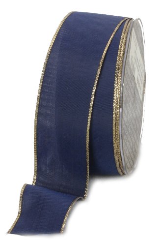 Ampelco Ribbon Company Gold Wired 27-Yard Taffeta Ribbon, 1.5-Inch, Navy Blue