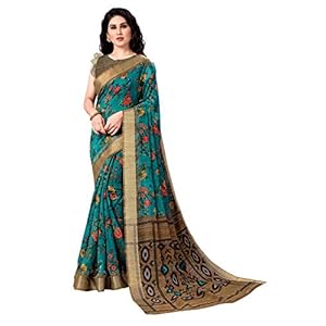 Mirchi Fashion Fancy dames bloemenbedrukte sari met Zari geweven rand en niet-gestikt blousestuk