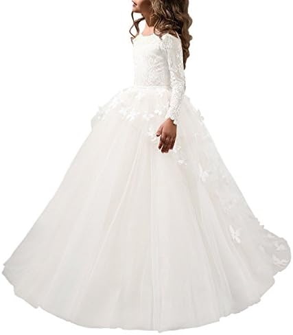 DBbeautyshop Girls' Long Sleeve Flower Girl Dresses Appliques Lace Pageant Dress Prom Gowns 6 White