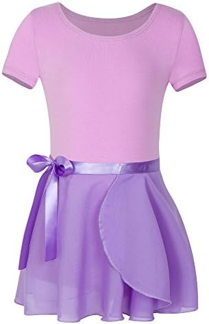 YEEIC Girls' Short Sleeve Wrap-Round Skirt Leotard Dress (2-4, Purple)
