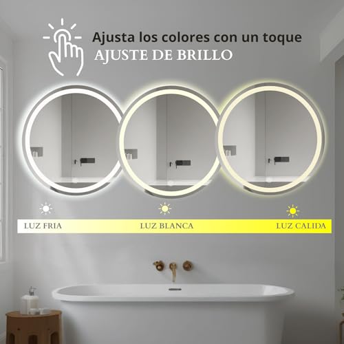 Decoramex - Espejo de Baño Inteligente Led Esmerilado 3 tonalidades Luz Blanca, Calida, Neutra, Dimmer, Maquillaje, Elegante para Tu Baño (80cm)