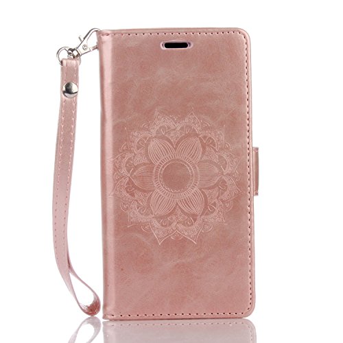 Huawei P9 Lite Leather Wallet case - L-Tiger P9 Lite Wrist Strap Leather Flip Case Credit Card Slot Protective Cover with Kickstand for Huawei P9 Lite (Rose gold)