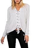 Simplee Apparel Women's Loose Long Sleeve V Neck Lace Up Knitted Sweater