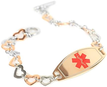 MyIDDr Custom Medical ID Bracelet with Free Engraving - 1cm Steel Rose Hearts - Red & Rose