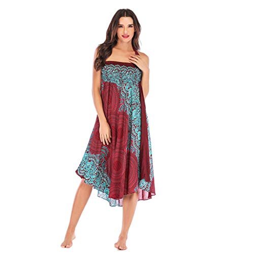 TWGONE Gypsy Skirts For Women Long Length Hippie Bohemian Flowers Elastic Waist Floral Halter Dresses (One Size,Red) - Thumbnail 3