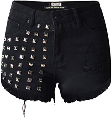 Women's Blue White Black Rivet Destroyed Ripped Hole Tassel Denim Shorts Jeans X-Small