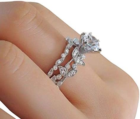 sandywident Unique Leaf Design 925 Plating Silver White Sapphire Diamond Wedding Engagement Ring Set