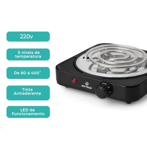 Fogareiro Elétrico Espiral 1 Boca 1000W Portátil BAYTECH (Preto, 220V)