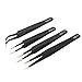 AKOAK 4 Pcs ESD Tweezers Set Anti-Static Tweezers Stainless Steel Tweezers for Eyelash Extension,Electronics, Jewelry-making - Straight and Curved Tip Tweezers - Black