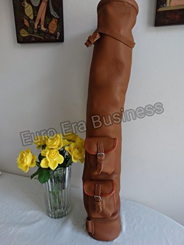 VINTAGE TAN LEATHER TUBE GOLF CLUB CARRYING BAG + 2 POCKETS