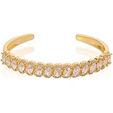 Dainty 14K Yellow Gold & Crystal Open Cuff Bangle for Women, Pave Setting with Natural Oval Crystal, Elegant Open Bangle Bracelet, Stylish Christmas Jewelry Gift, Classic Dress Accessory