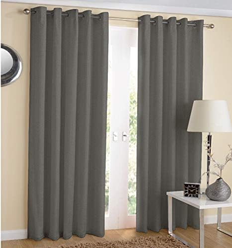 Hachette Thermal Blackout Curtains Eyelet Ring Top Including Pair of Tiebacks (Charcoal Grey, 46" x 54")