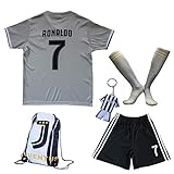 GamesDur 2018/2019 Cristiano Ronaldo #7 Away Football Soccer Kids Jersey & Short & Sock & Soccer Bag Youth Sizes (Away Juve), 11-12 Years