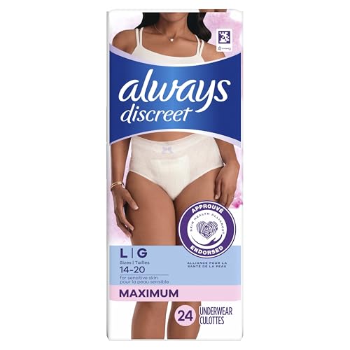 ALWAYS DISCREET FOR SENSITIVE SKIN UNDERWEAR, FOUR TIMES SKIN PROTECTION, DERMATOLOGICALLY TESTED, FRAGRANCE-FREE, MAXIMUM ABSORBENCY, LARGE, 24 COUNT
