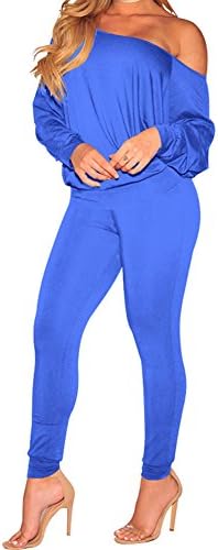 LaCouleur Women's 2 Pieces Outfits Long Sleeve Off One Shoulder Top and Long Pants Set Tracksuits Blue L