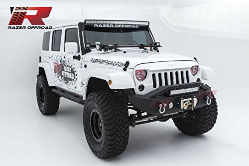 Razer Auto Black Textured Rock Crawler Stubby Front Bumper with OE Fog Light Hole, 2x D-Ring and Built-In 22" LED Light bar mount & Winch Mount Plate (Black) for 07-18 Jeep Wrangler JK - Thumbnail 2
