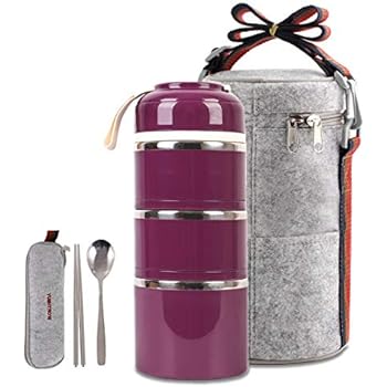 Cute Lunch Box Insulated Lunch Bag Bento Box Food Container Storage Boxes With Spoon For Adults Office Camping (3 Tiers(wine)) ...