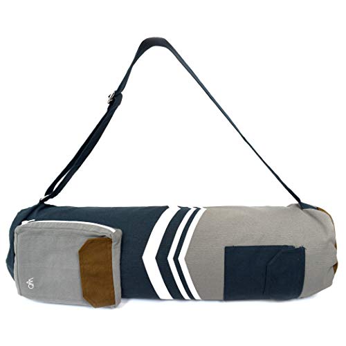 Organic Yoga Mat Bag- Eco Friendly Yoga Bag for Extra Wide Mats- Grey Blue Mat Carrier for Men & Women: Full Zip, Adjustable Carry, Pockets, GOTS 100% Cotton Canvas, Fair Trade Certified Environmental