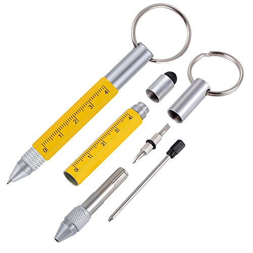 Shulaner 6 in 1 Small Metal Tech Tool Ballpoint Pens with Key Ring, Level, Stylus and Two-head Screwdriver, Multi functional Tool Fits for Mens Gift (Yellow)
