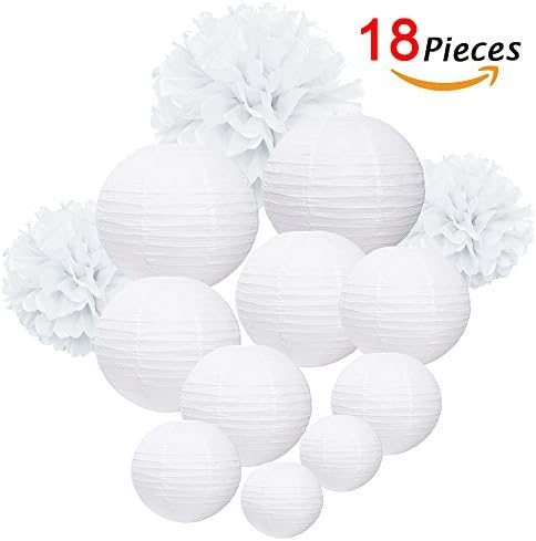Paper Lanterns and paper fans,15 Packs White Round Paper Lanterns and 3packs paper fans with Assorted Sizes for Wedding Party Decorations (18 PACK)