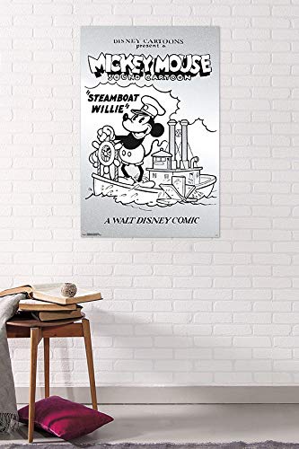 Trends International Disney Mickey Mouse - Black and White Steamboat Willie, 22.375" x 34", Premium Unframed