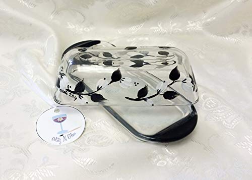 Hand Painted Glass Butter Dish With Black and White Floral Vine Pattern