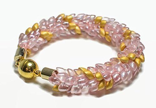 Handmade scale look bracelet with pink and gold drop shape beads with golden cups and magnetic clasp made with japanese braided jewelry technique