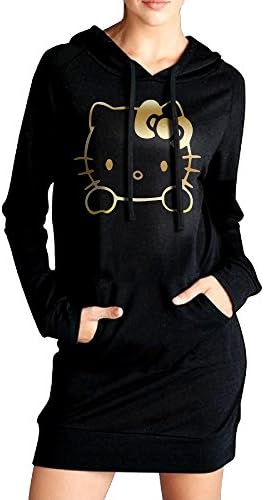 Hello Kitty Vinyl Decal Gold Logo Women Long Sleeve Pullover Pocket Sweatshirt Hoodie