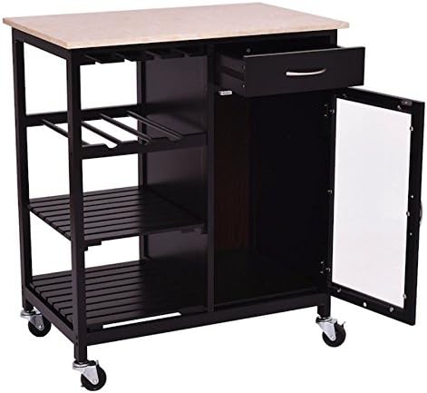 Black Rolling Wooden Kitchen Island Storage Utility Cart Dining Portable Trolley Stand With Storage Drawer Three Shelves Closed Cabinet Faux Marble Top Large Storage Space Smooth Rolling Casters