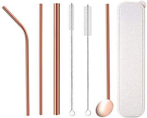 8.5 inch Set of 6 Stainless Steel Straws,Reusable Drinking Metal，Smoothie Rose Gold Straws (1 bent + 2straight + +1 Spoon Tube and 2 Brushes )