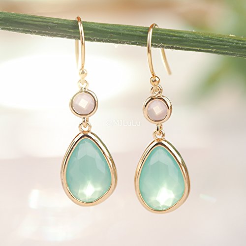 Crystal mint green and pink opal dangle drop earrings