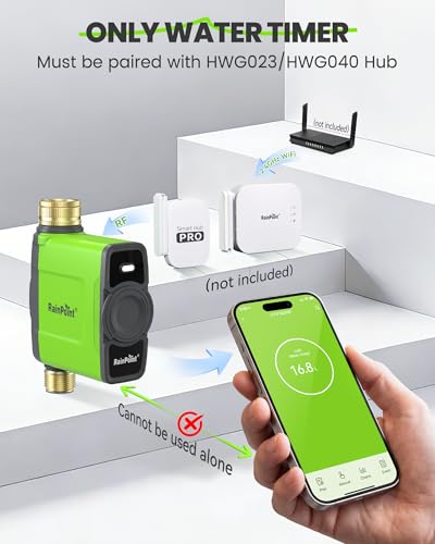 RAINPOINT WiFi Water Timer, Irrigation Timer with Brass Inlet & Outlet, must be used with HWG023 Gateway, IP65 Waterproof Garden Hose Timer, Rain Delay/Manual Watering(without Antenna Gateway)