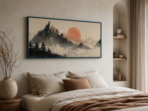 Artefizio Quadro Orientale, Montagne e Sole Su Tela per Soggiorno | Stampa Giapponese Su Tela con Montagne e Sole Rosso, Quadro Orientale per Soggiorno, Camera e Parete Zen