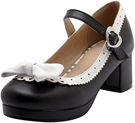Womens Platform Mid Heel Mary Janes Ankle Strap Court Shoes With Bowtie Retro Closed Toe Cute Pumps