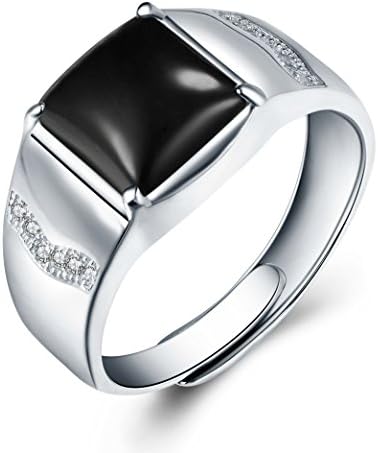 925 Sterling Silver Men's Ring Black Onyx Adjustable Size JiangXin Brand Luxury White Gold Plated Jewellery Gift for Father Boyfriend Brother Husband