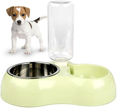 Removable dog Water Bowls ,Euow Stainless Steel Double Bowl With Automatic Water Dispenser No Spill and Non-Skid Silicone Mat Cat Food Dish Feeding Pets Tray For Small Dog Cats (Light green)