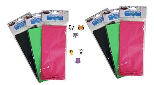 6 Pack Bundle of Jumbo Stretchable Fabric Book Textbook School Book Covers fits 12.65" x 9.85" Solid Colors Durable Washable Reusable Long Lasting Elastic Frustration Free Bonus Erasers